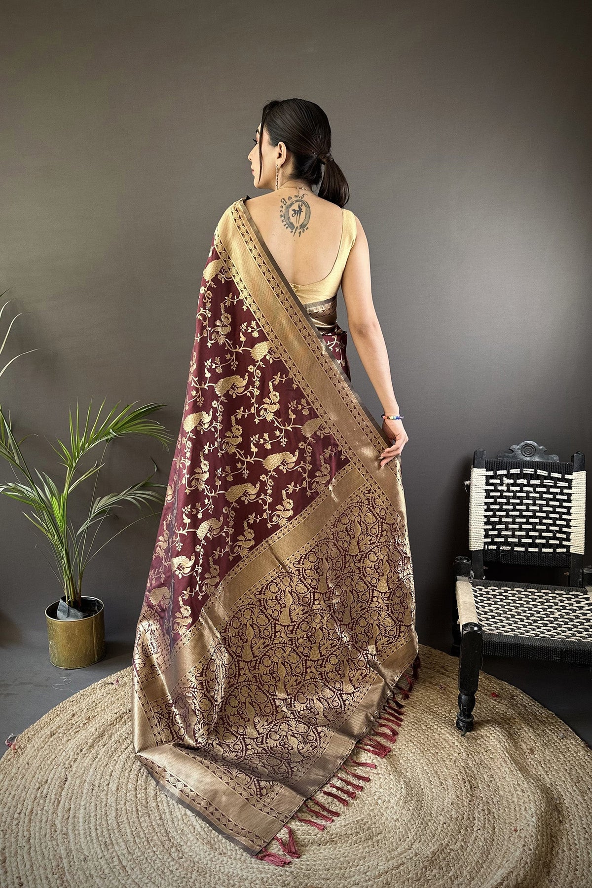 Brown Banarasi Soft Lichi Silk Saree with Floral Zari