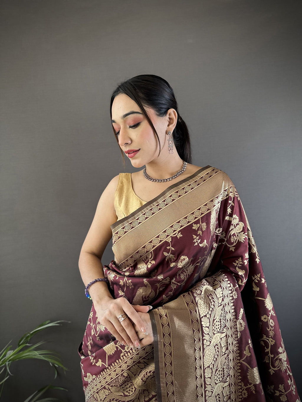 Brown Banarasi Soft Lichi Silk Saree with Floral Zari