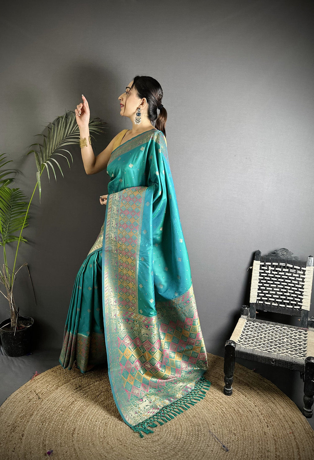 Teal Green Soft Lichi Silk Saree with Multicolour Minakari Weaving