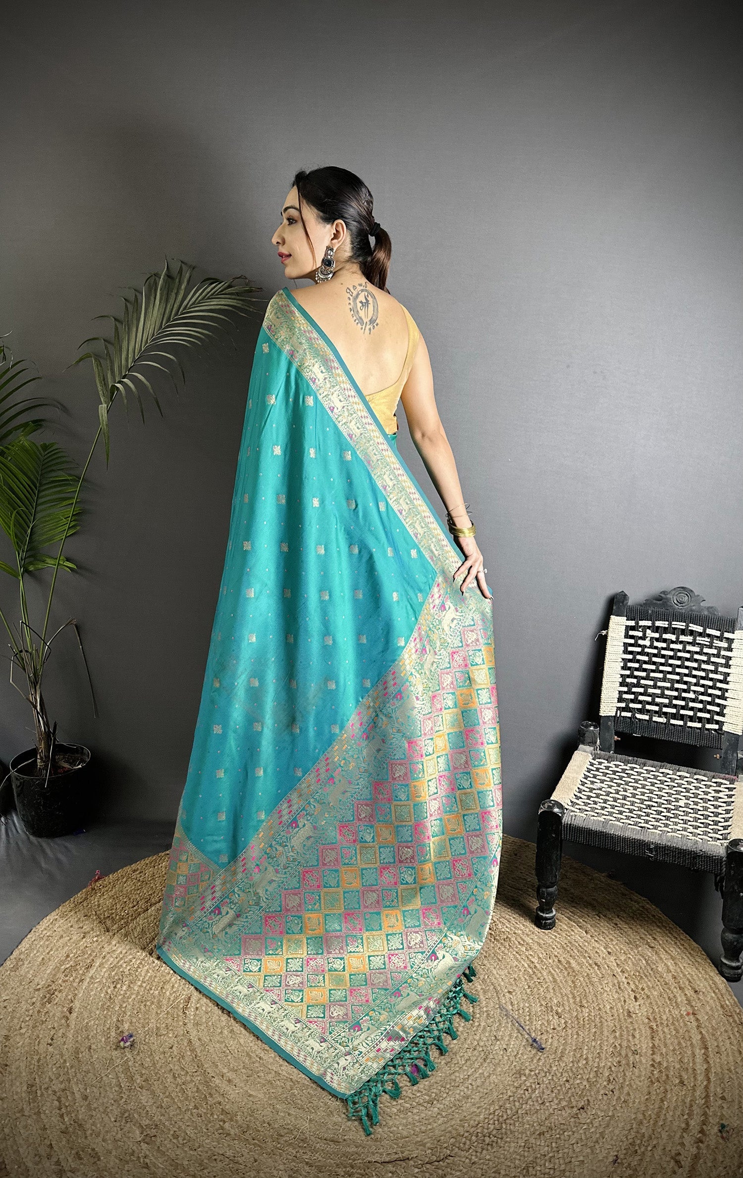 Teal Green Soft Lichi Silk Saree with Multicolour Minakari Weaving