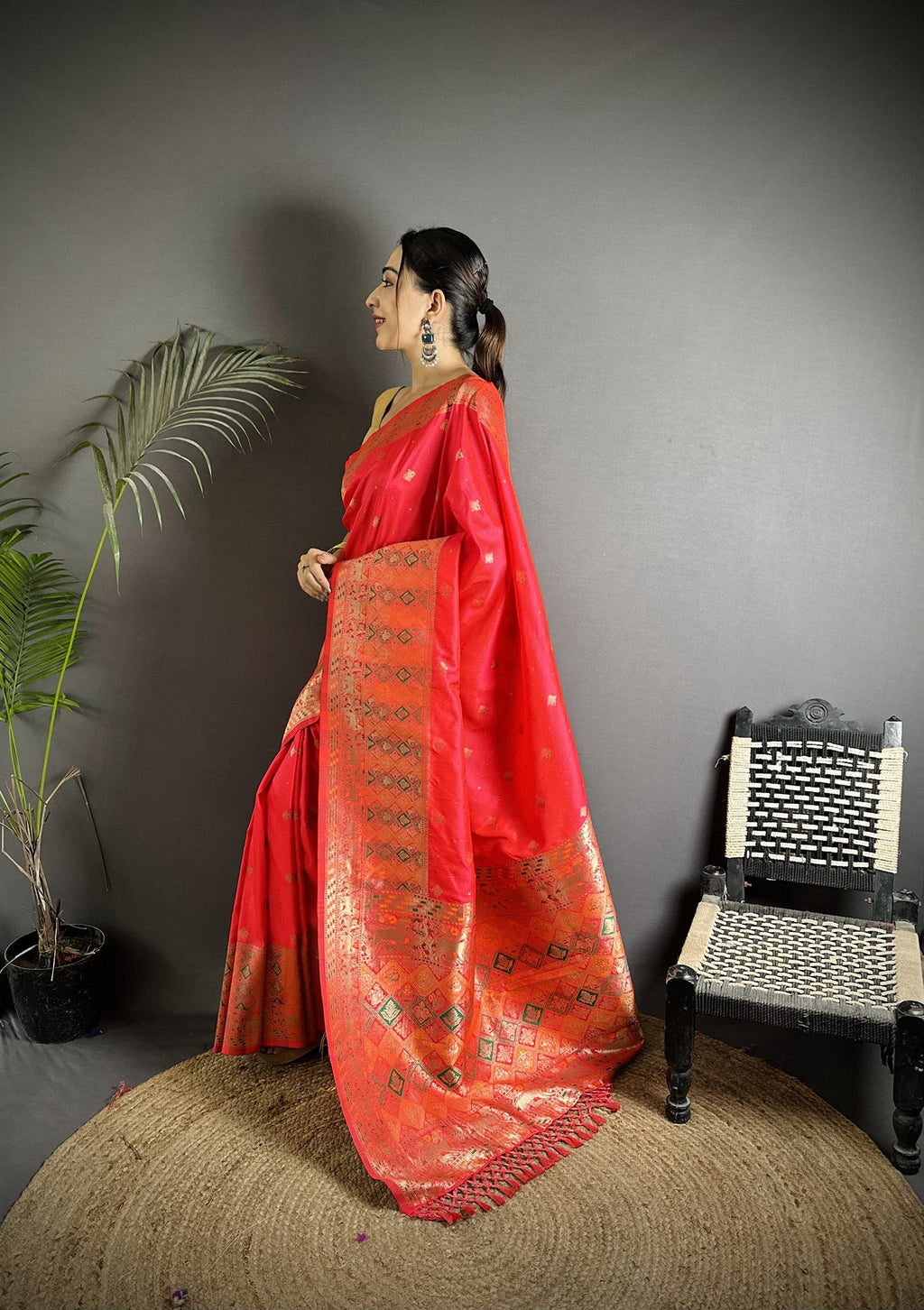 Coral Red Soft Lichi Silk Saree with Multicolour Minakari Weaving