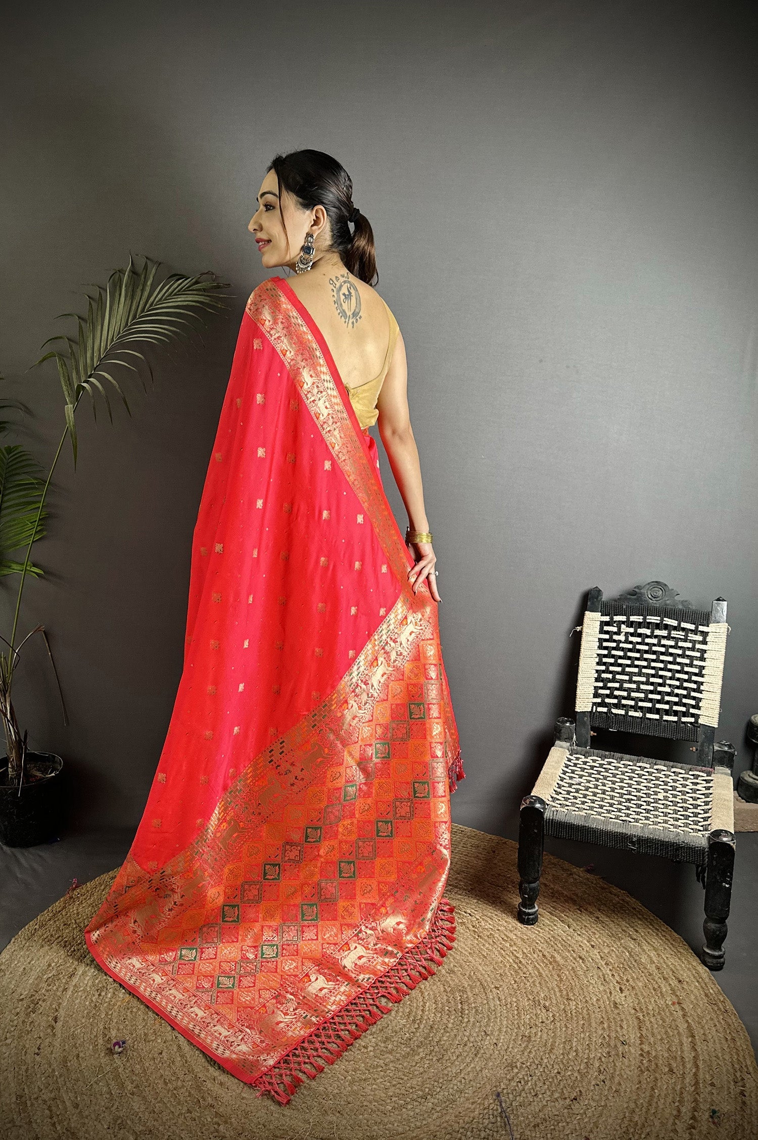 Coral Red Soft Lichi Silk Saree with Multicolour Minakari Weaving