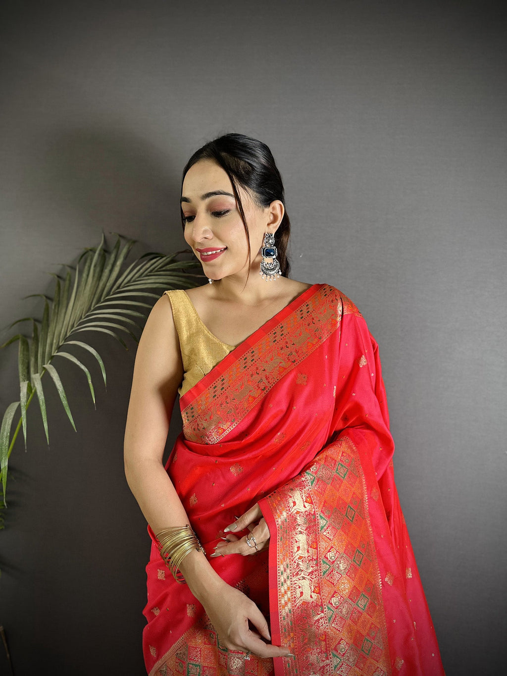 Coral Red Soft Lichi Silk Saree with Multicolour Minakari Weaving