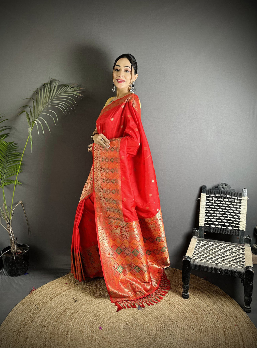 Red Soft Lichi Silk Saree with Multicolour Minakari Weaving
