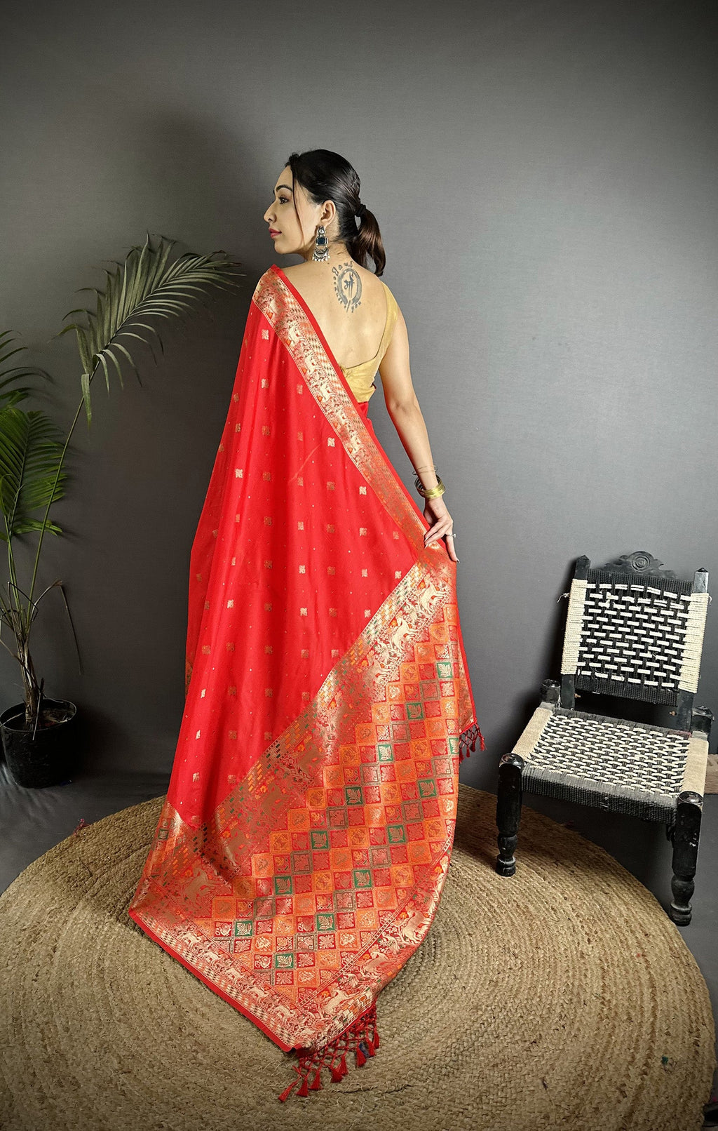 Red Soft Lichi Silk Saree with Multicolour Minakari Weaving