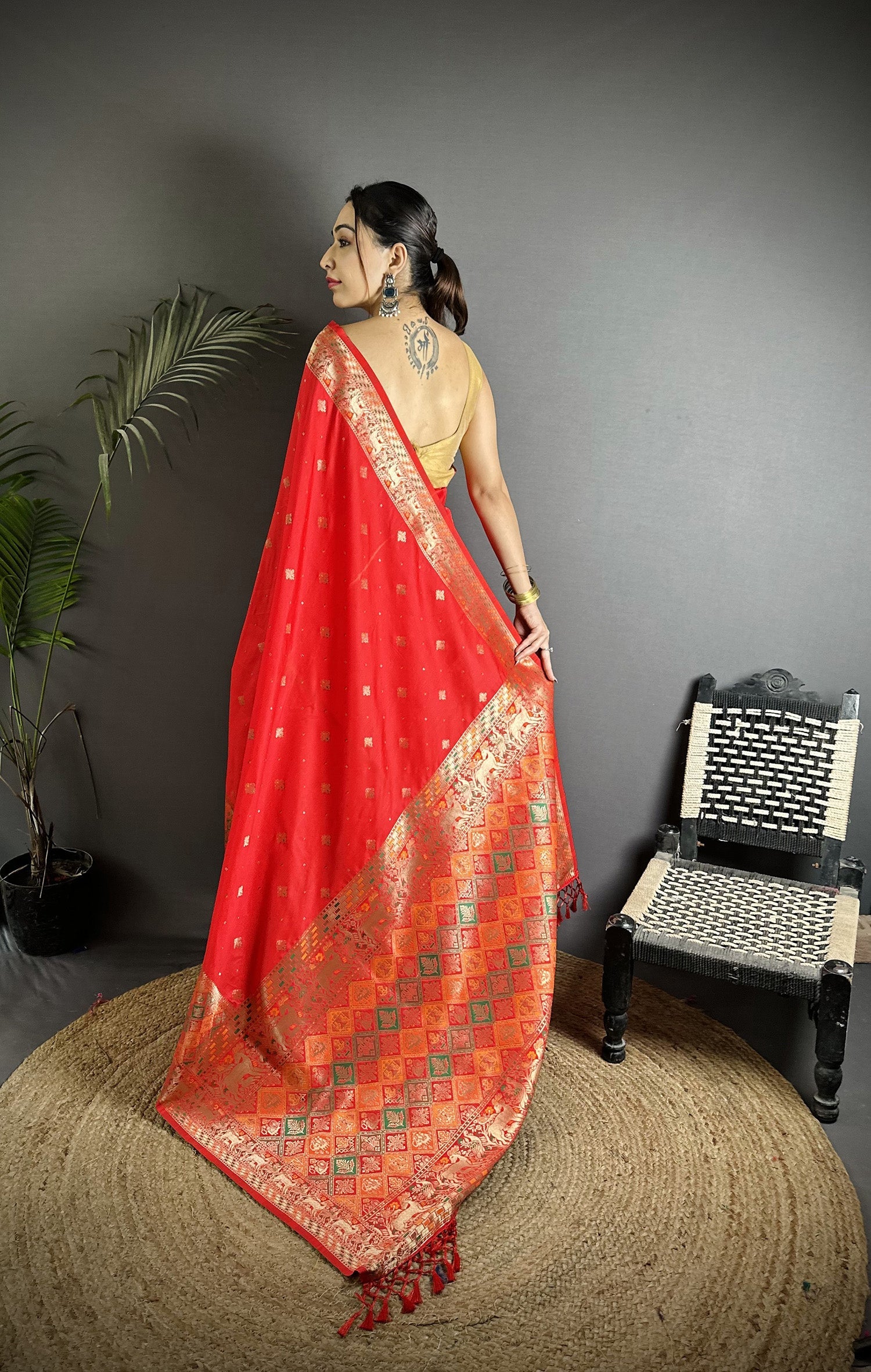 Red Soft Lichi Silk Saree with Multicolour Minakari Weaving