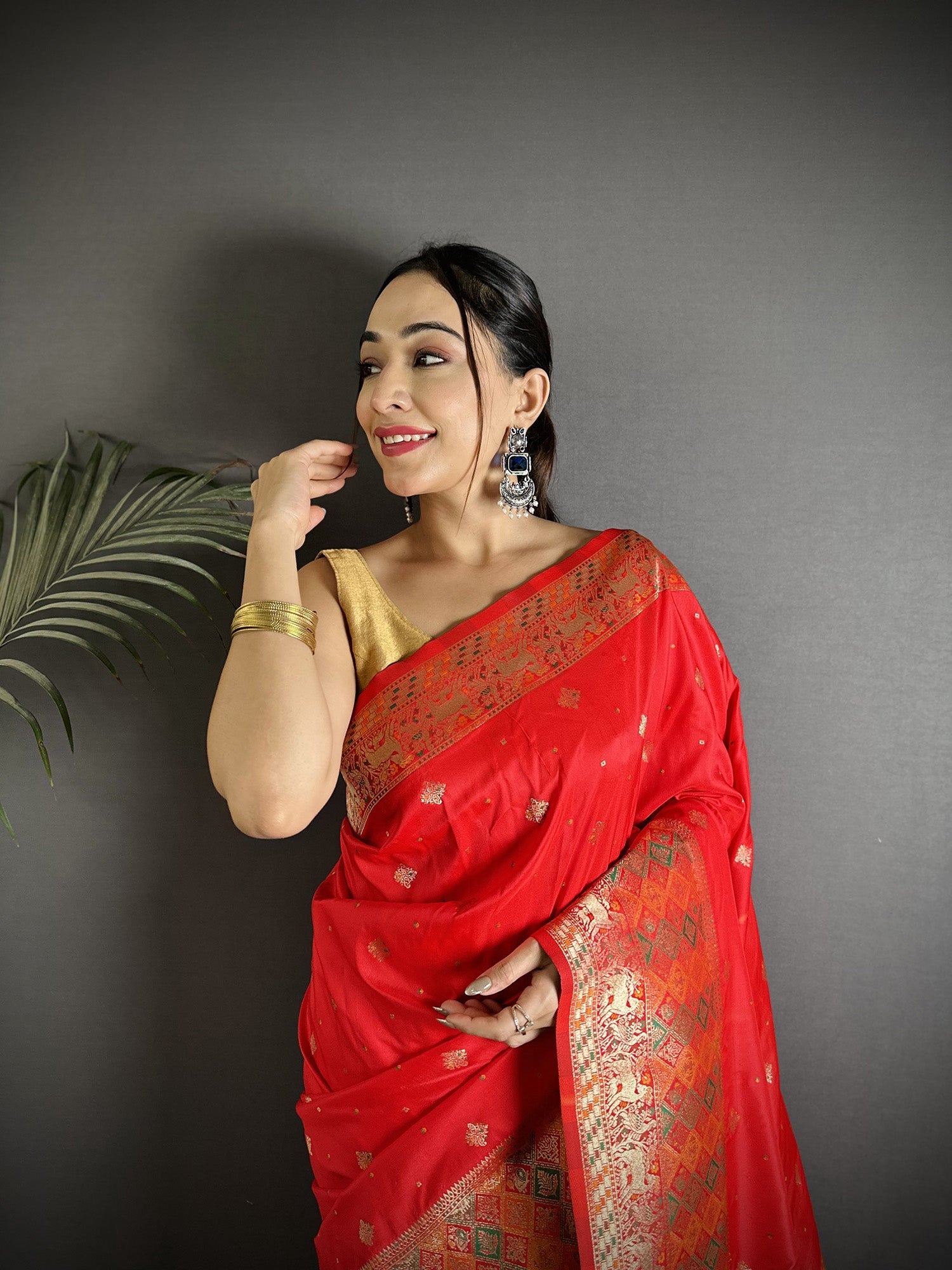 Red Soft Lichi Silk Saree with Multicolour Minakari Weaving