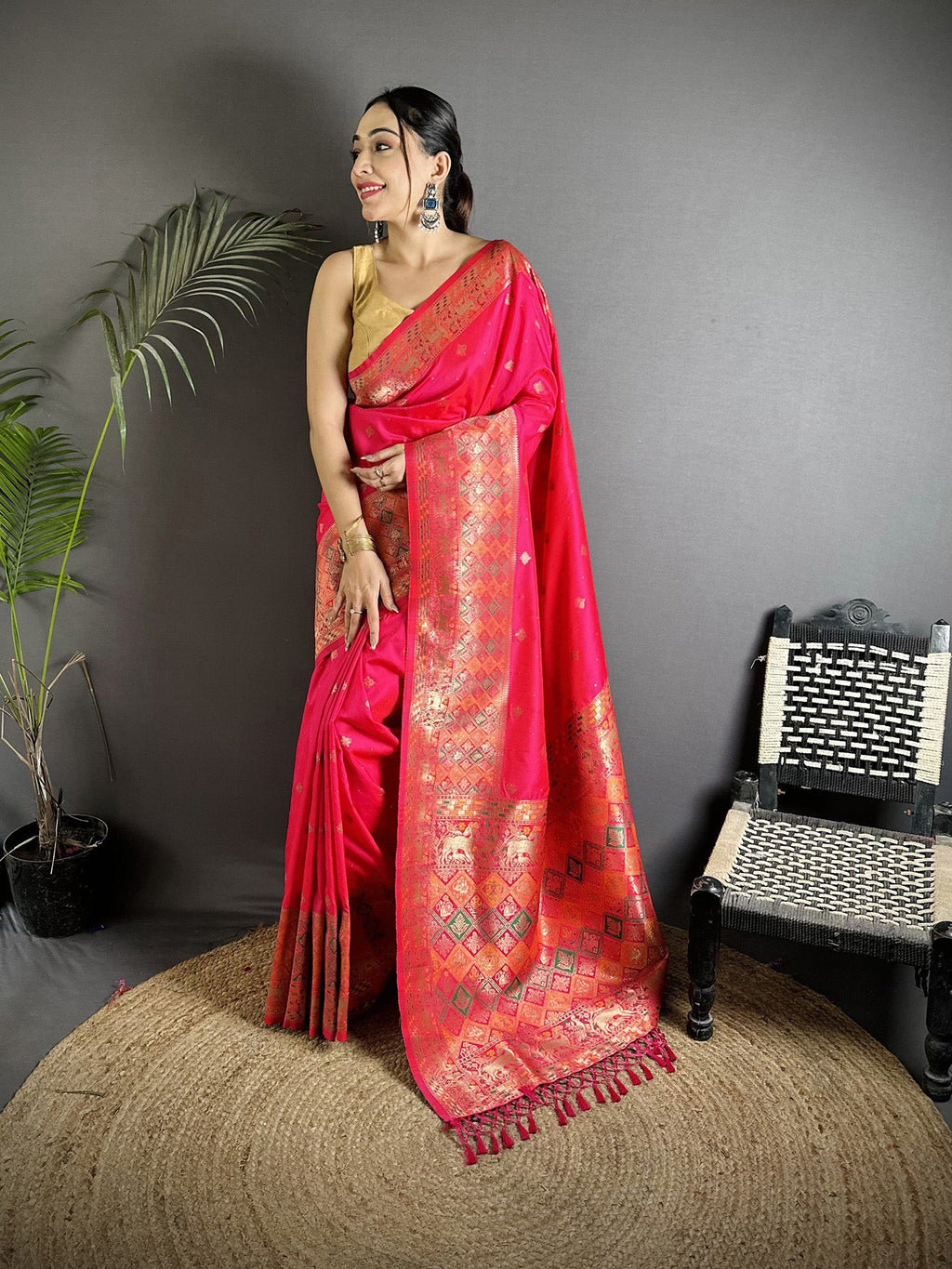 Pink soft lichi silk saree with intricate multicolour meenakari weaving