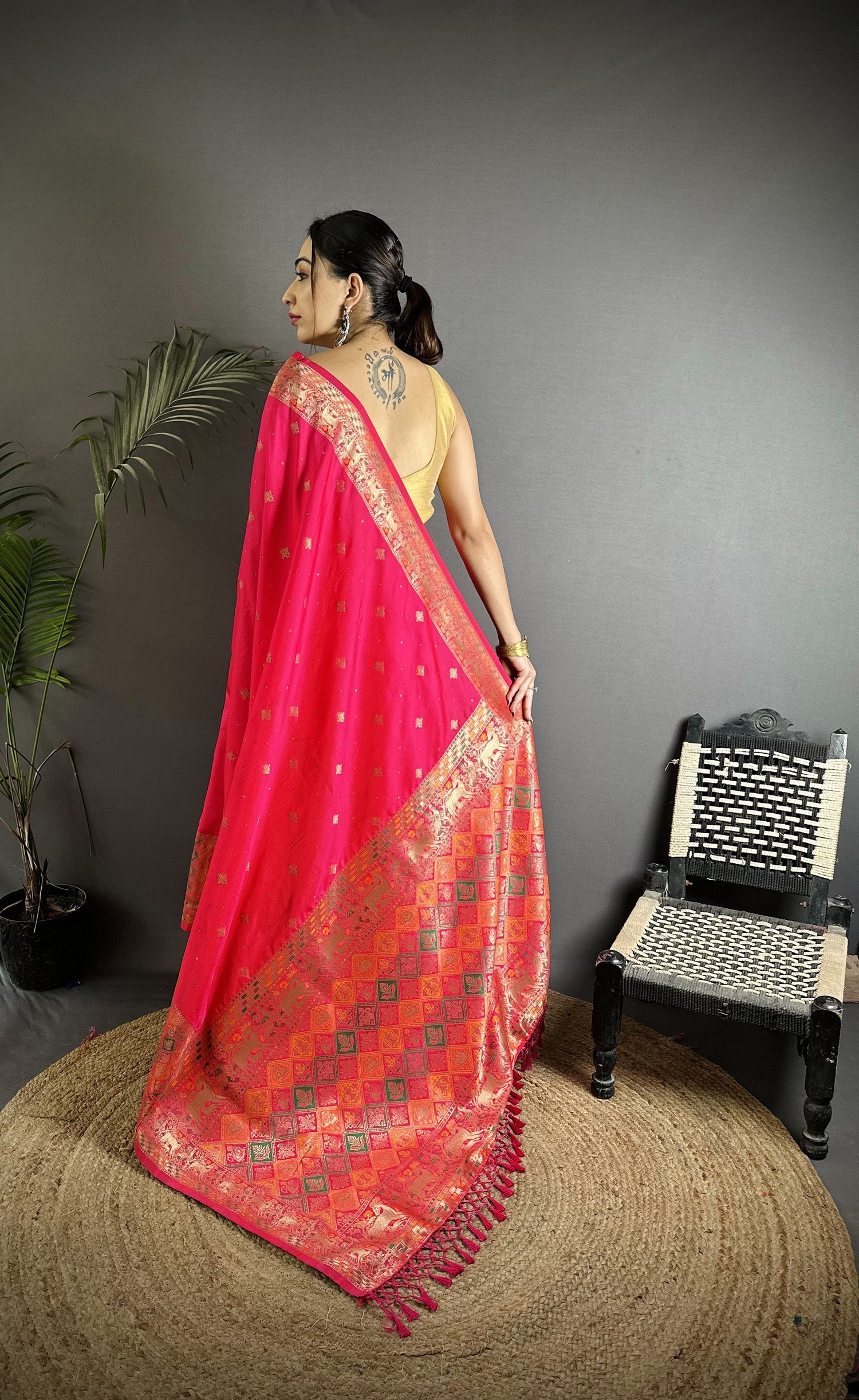 Pink Soft Lichi Silk Saree with Multicolour Meenakari Weaving