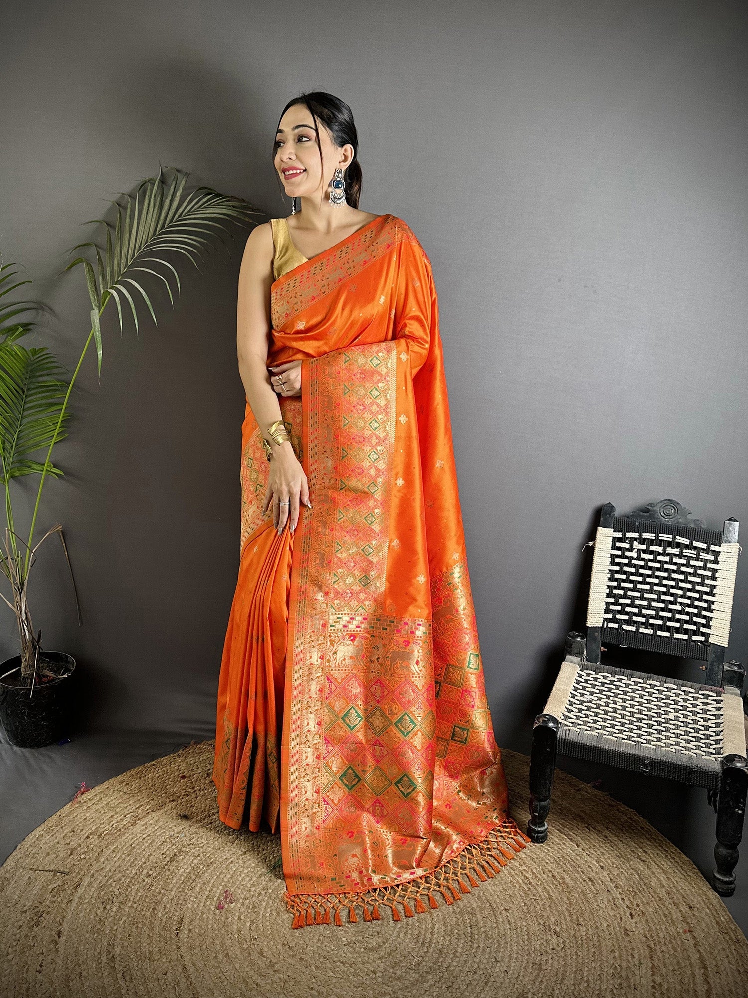 Orange Lichi Silk saree with multicolour minakari weaving and red unstitched blouse