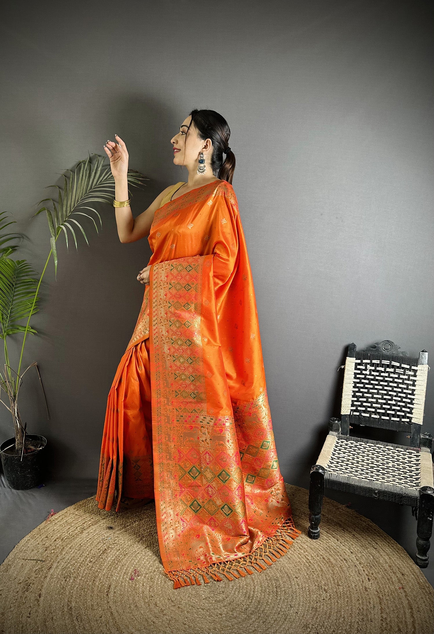 Orange Soft Lichi Silk Saree with Multicolour Minakari Weaving