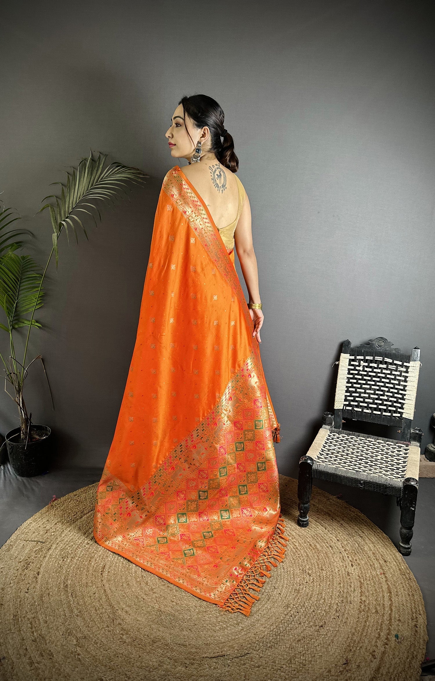 Orange Soft Lichi Silk Saree with Multicolour Minakari Weaving