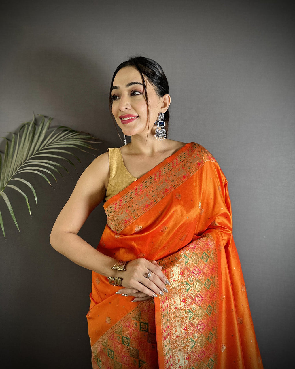 Orange Soft Lichi Silk Saree with Multicolour Minakari Weaving