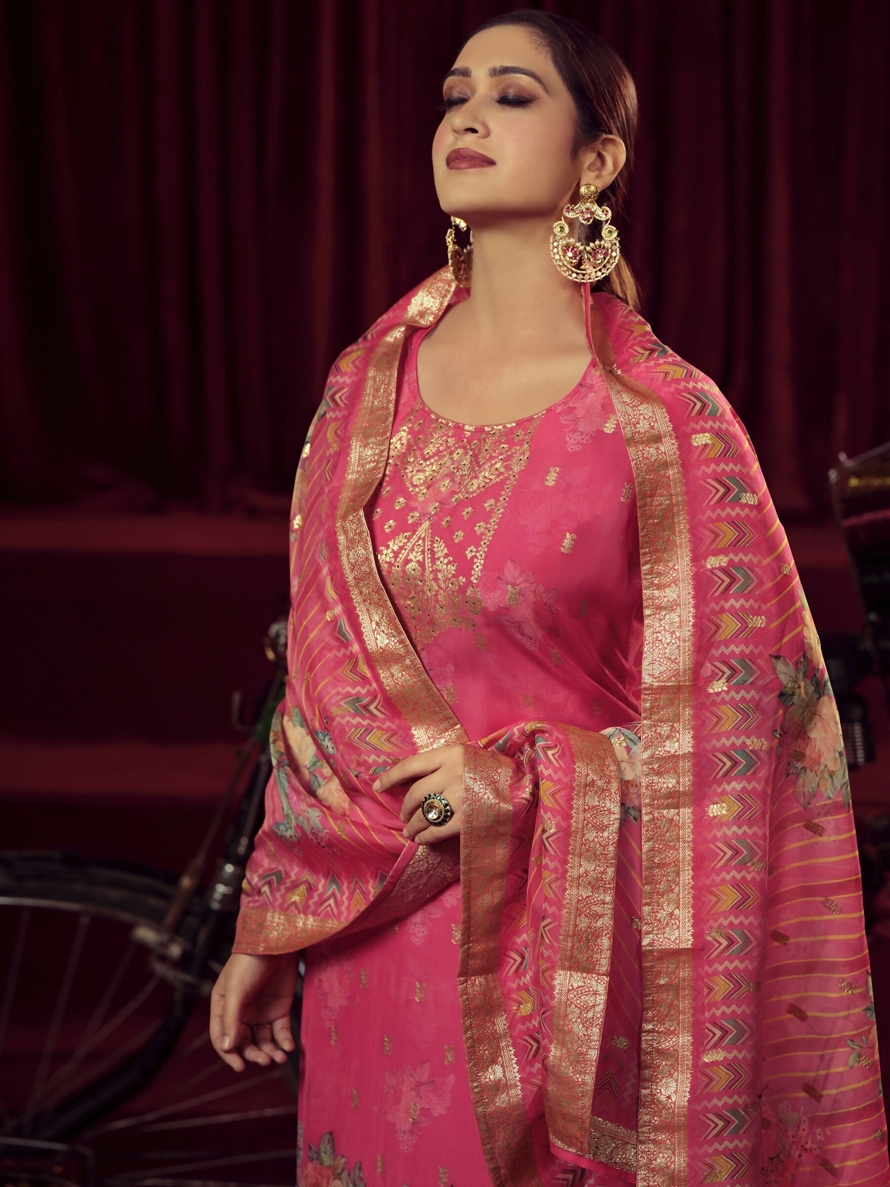 Magenta Organza Jacquard Woven Straight Kurta Set with Dupatta