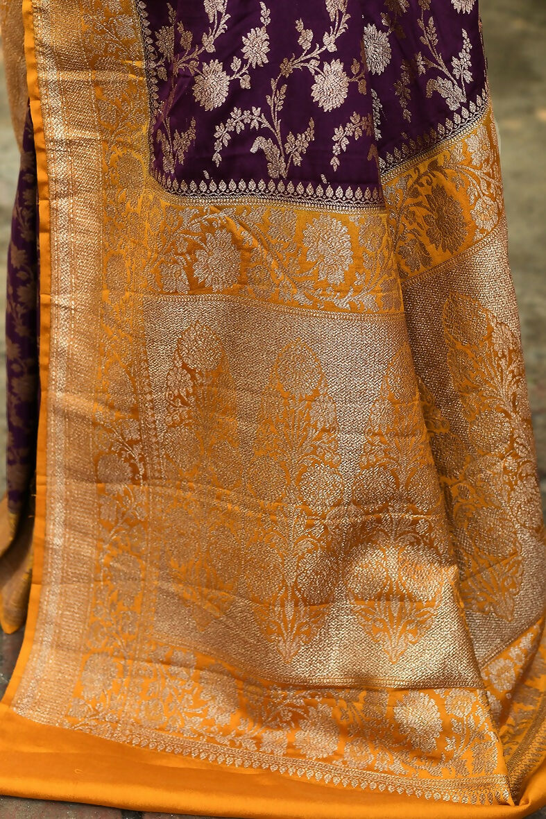Purple Crepe Chiffon Pure Handloom Banarasi Silk Saree