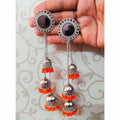 Kashmiri triple tier jhumka earrings with orange pearls and hanging details