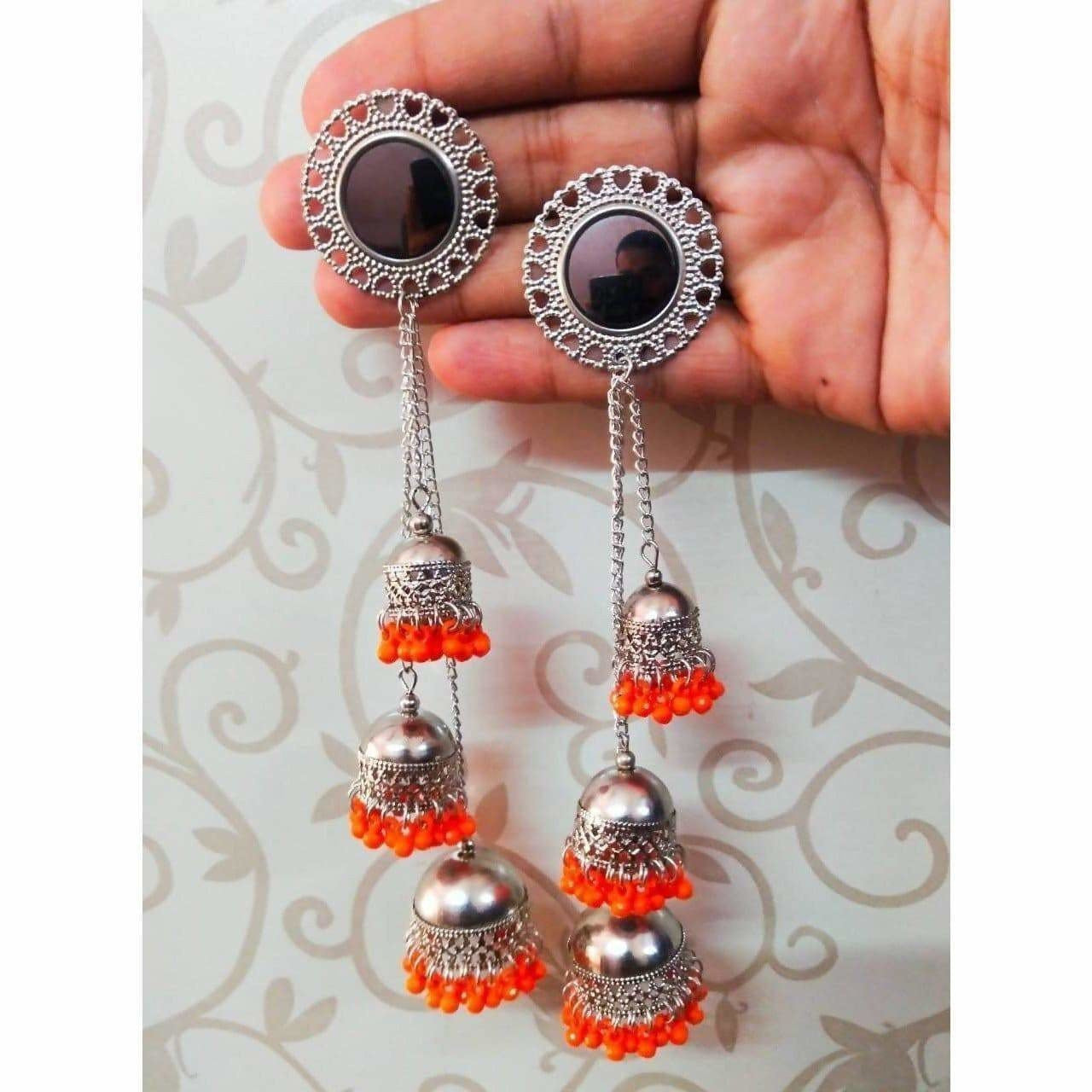 Kashmiri triple tier jhumka earrings with orange pearls and hanging details