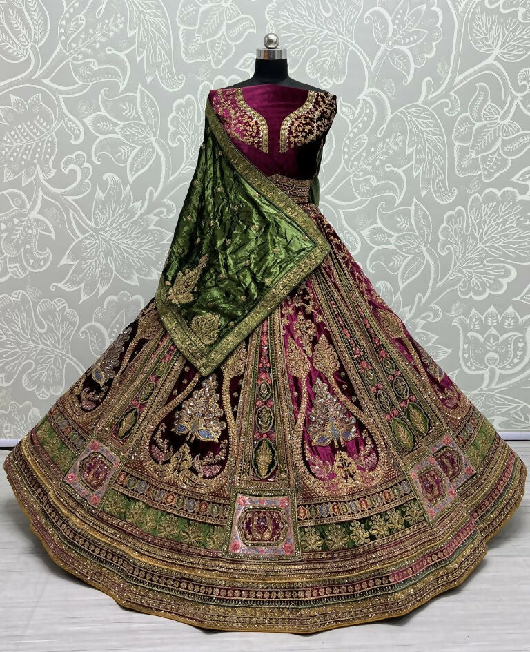Purple Velvet Wedding Lehenga Choli with Zircon & Sequins Work