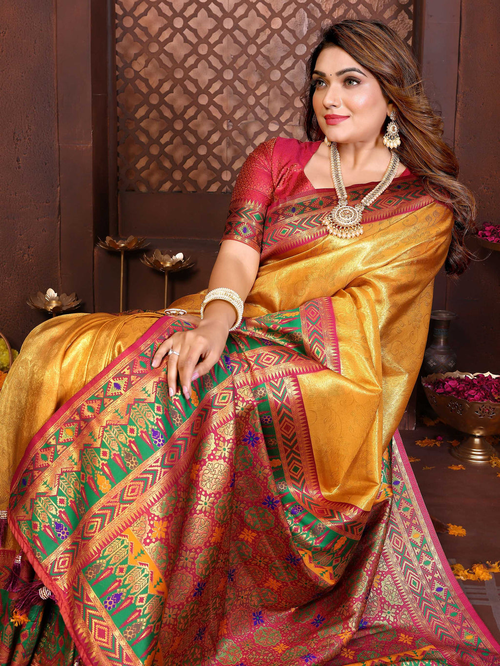 Gold Tissue Silk Weaving Saree with Maroon Blouse Piece