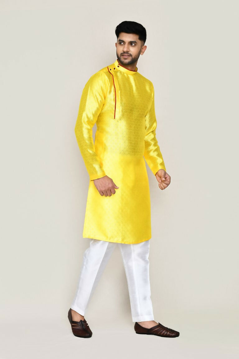 Yellow Jacquard Silk Kurta and Straight Fit Pant Set