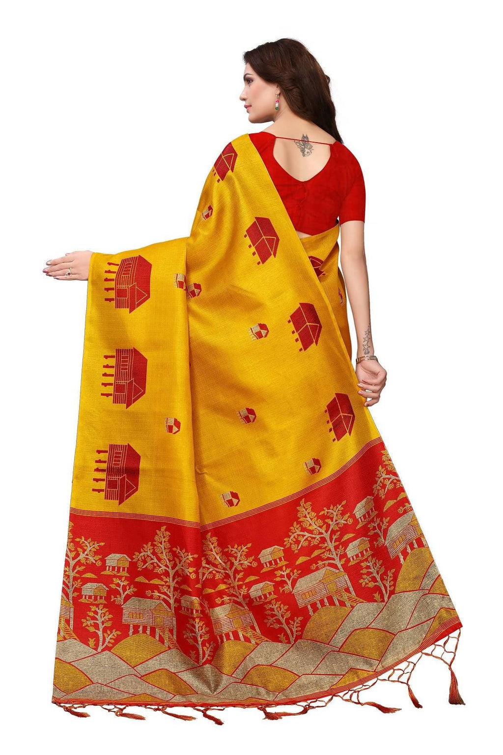 Yellow & Red Kalamkari Khadi Silk Saree with Jhalar Border