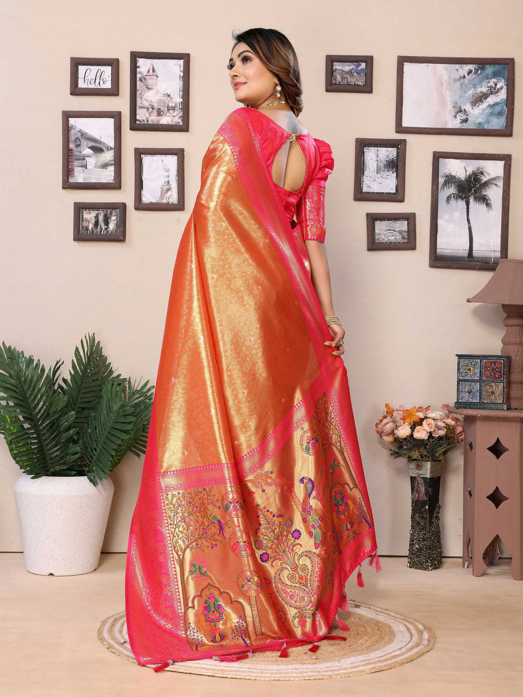 Orange Tissue Silk Weaving Saree with Intricate Traditional Design