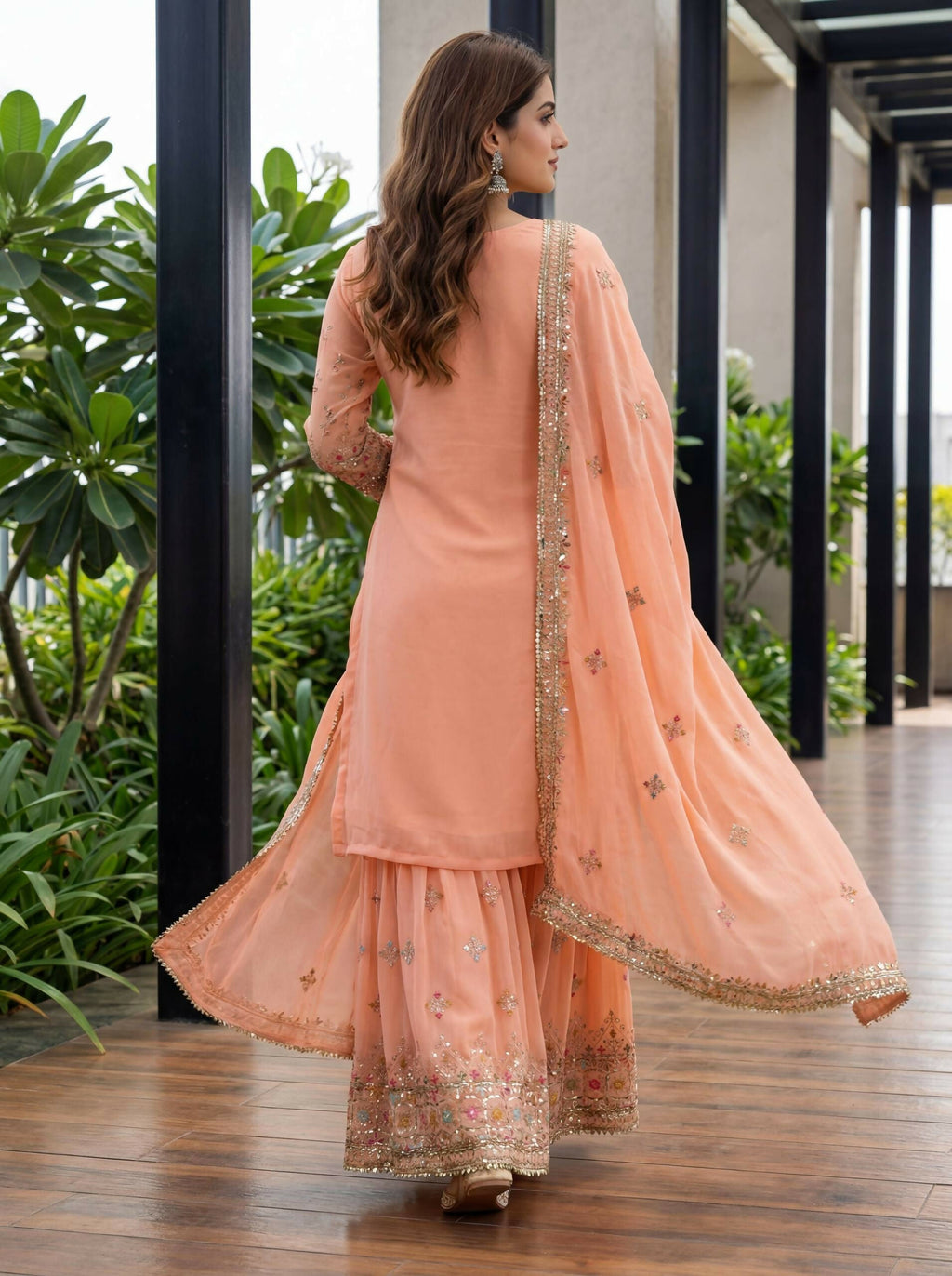 Orange Georgette Embroidered Sharara Set for Festive Occasions