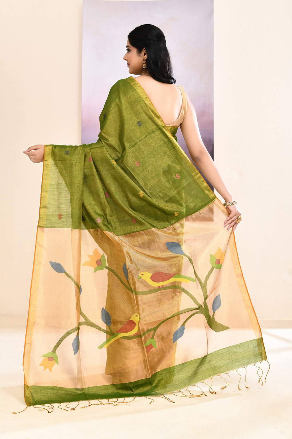 Olive Embellished Tissue Jamdani Saree with Elegant Sheen