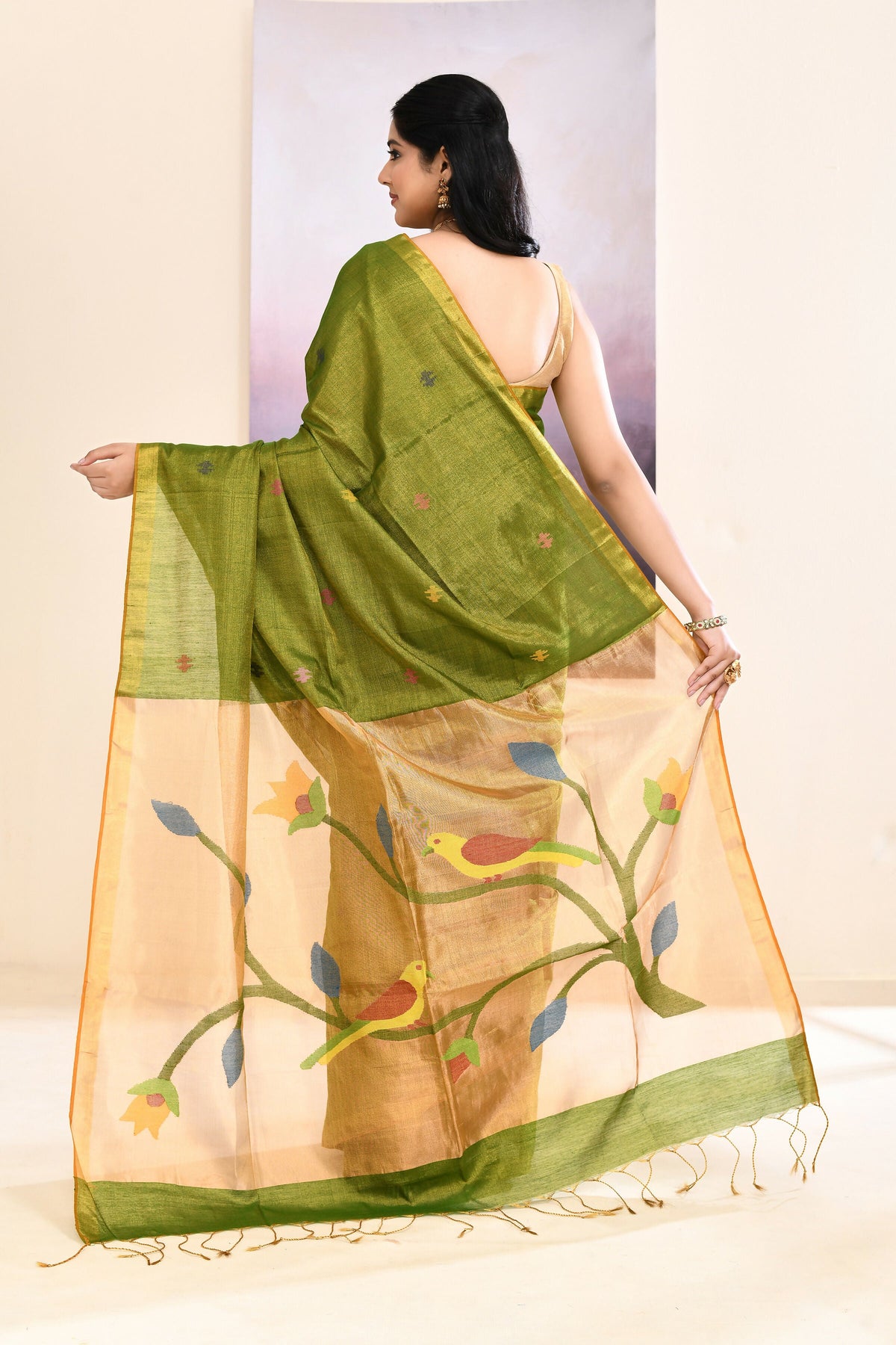 Olive Embellished Tissue Jamdani Saree with Elegant Sheen