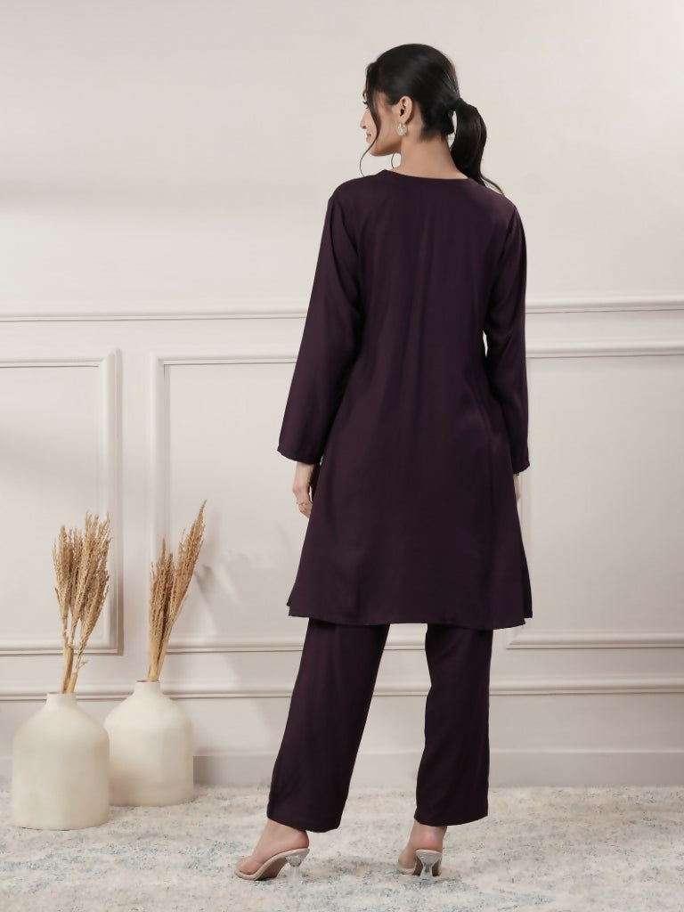 Joban Fashion Women's Rayon Wine V-Neck Co-Ord Set With Pant