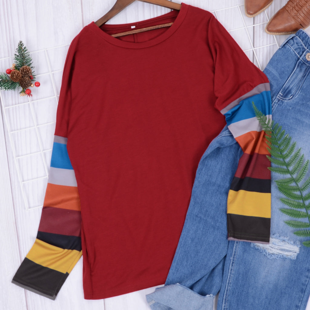Women's Maroon Long Sleeve Round Neck Sweater with Striped Sleeves - Image 7
