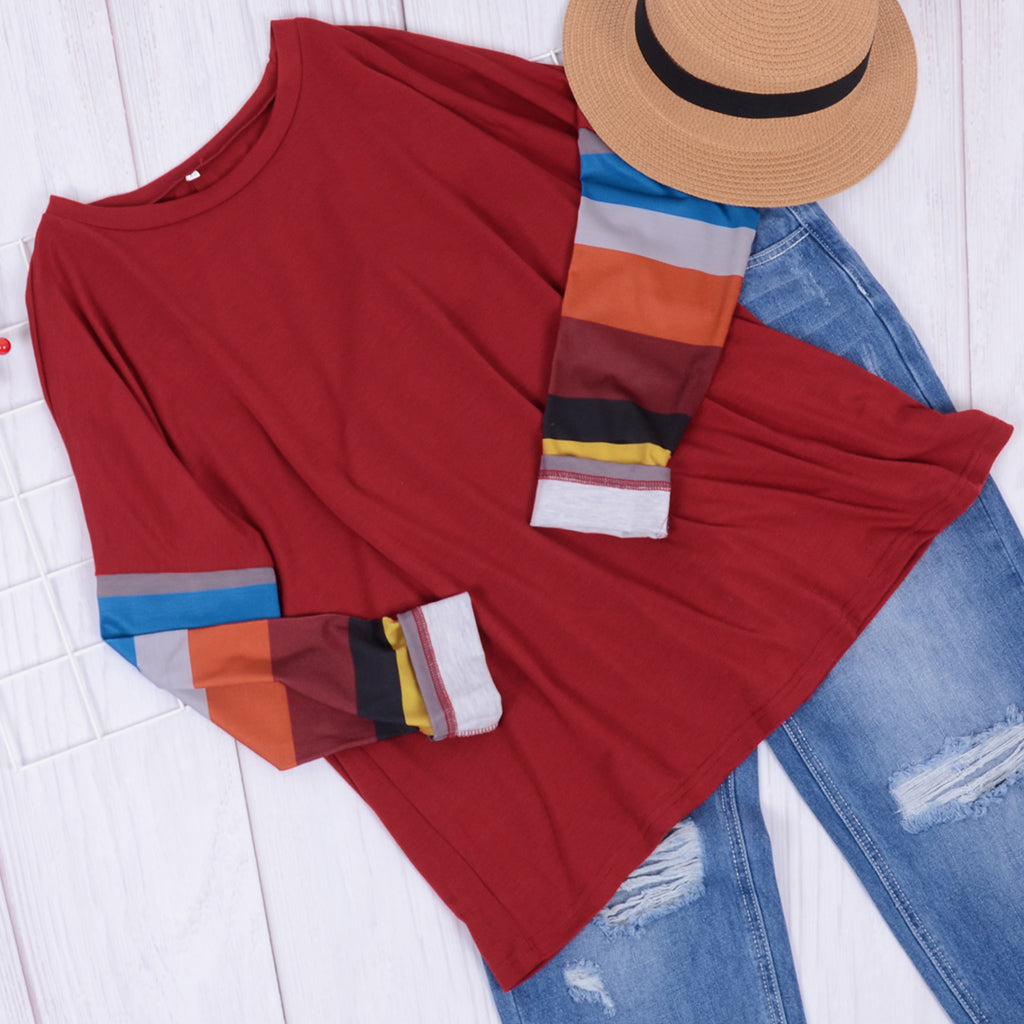 Women's Maroon Long Sleeve Round Neck Sweater with Striped Sleeves - Image 5