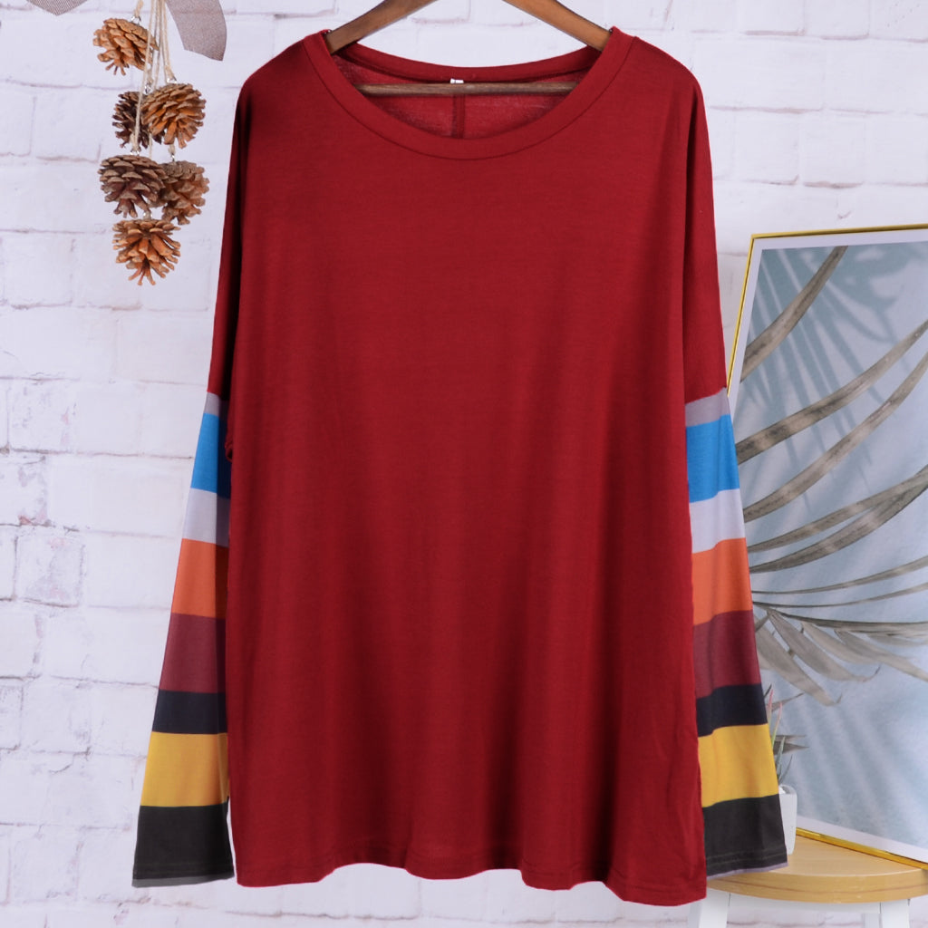 Women's Maroon Long Sleeve Round Neck Sweater with Striped Sleeves - Image 6