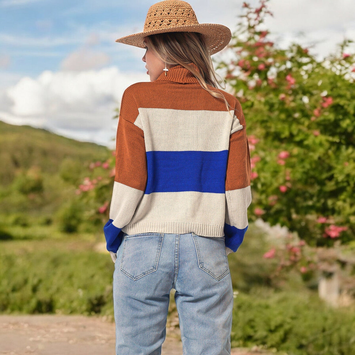 Striped Turtleneck Knit Pullover Sweater with Long Sleeves