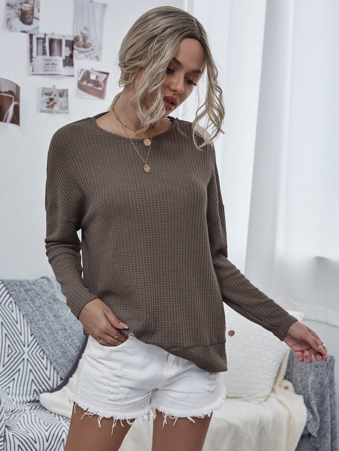 Women's Twist Back Waffle Knit Long Sleeve Sweater Purple - Image 6
