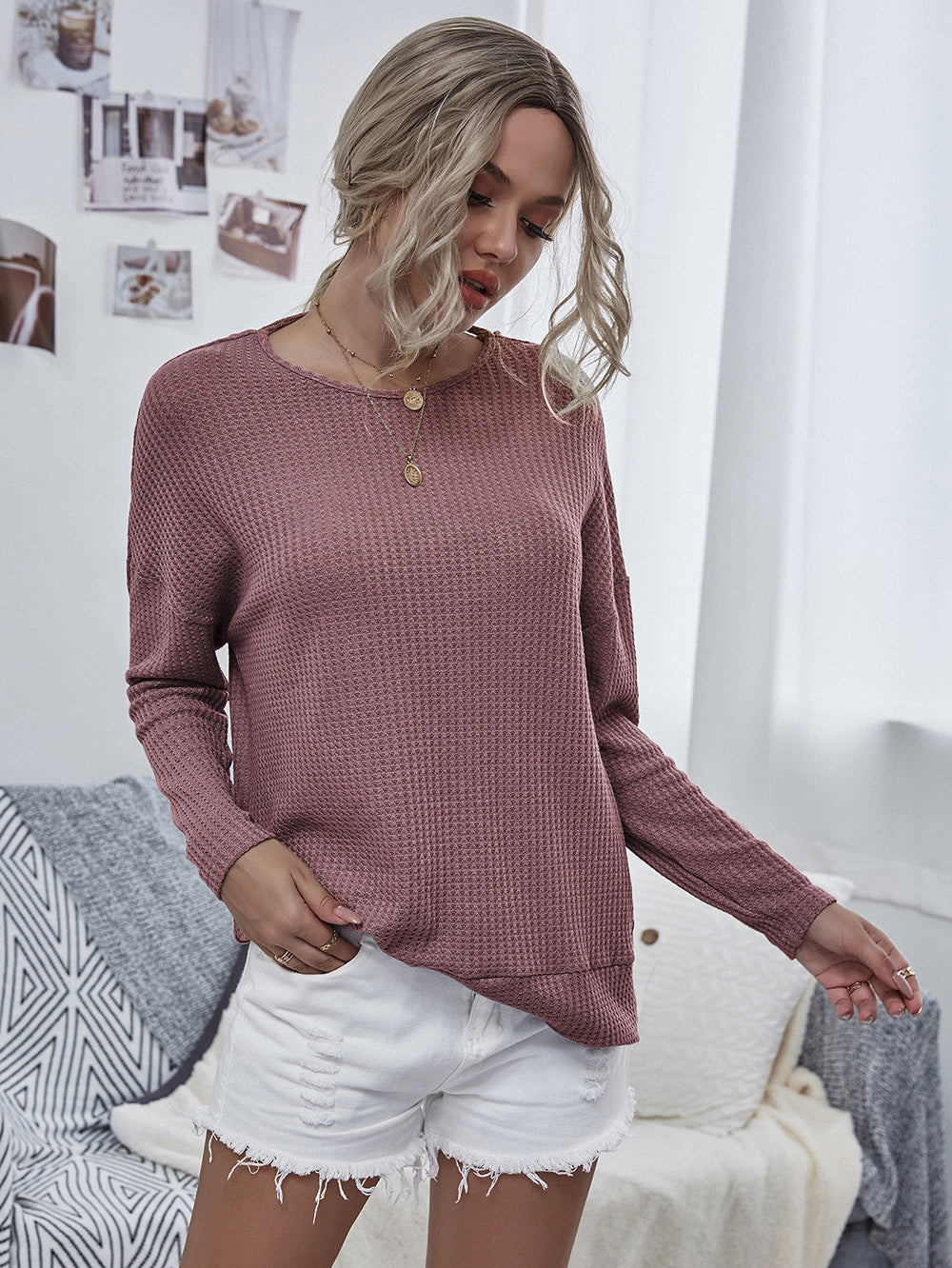 Women's Twist Back Waffle Knit Long Sleeve Sweater Purple - Image 10
