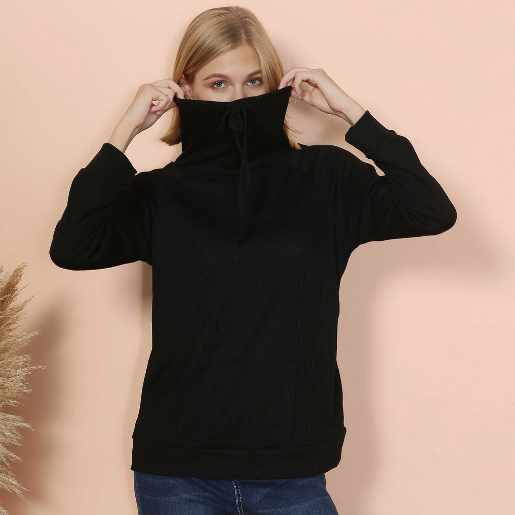 Women's Black Waffle Knit Cowl Neck Pullover Long Sleeve Top - Image 2