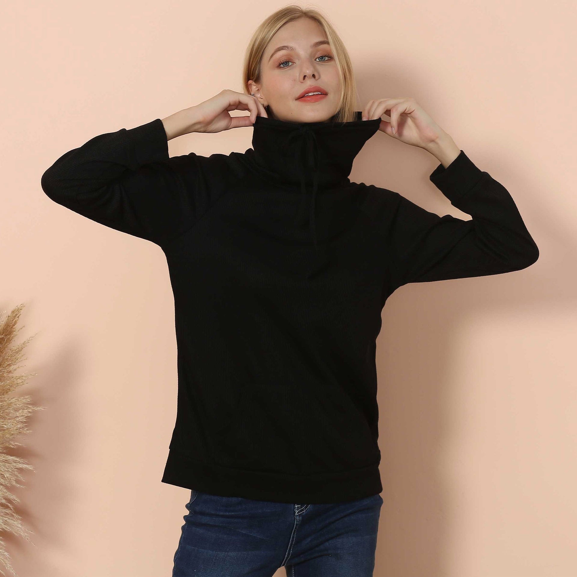 Women's Black Waffle Knit Cowl Neck Pullover Long Sleeve Top - Image 3