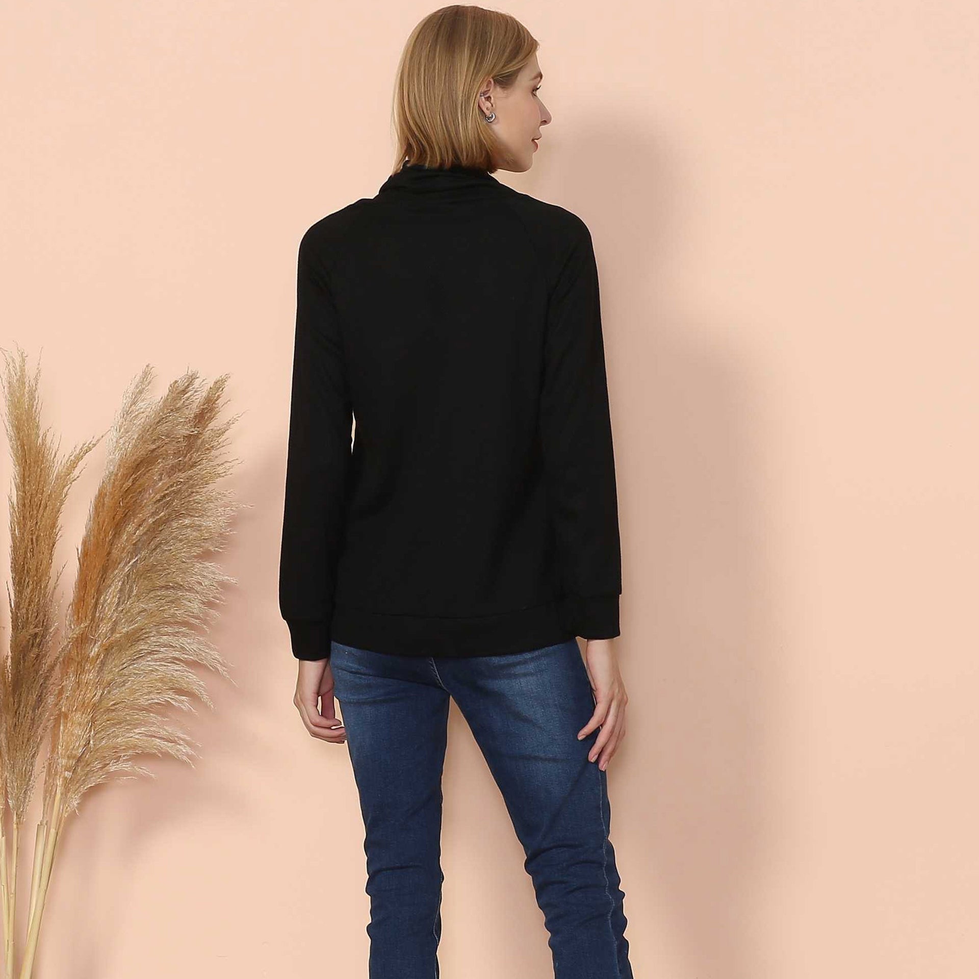 Women's Black Waffle Knit Cowl Neck Pullover Long Sleeve Top - Image 4