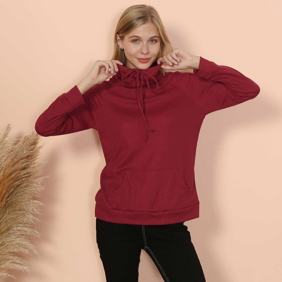 Women's Black Waffle Knit Cowl Neck Pullover Long Sleeve Top - Image 8