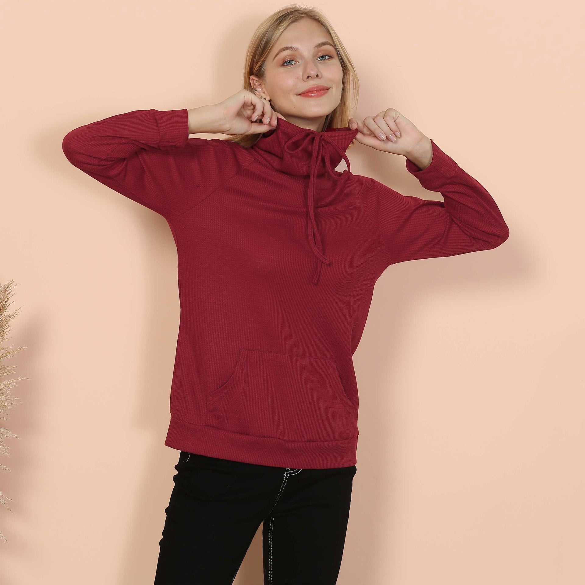 Women's Black Waffle Knit Cowl Neck Pullover Long Sleeve Top - Image 9