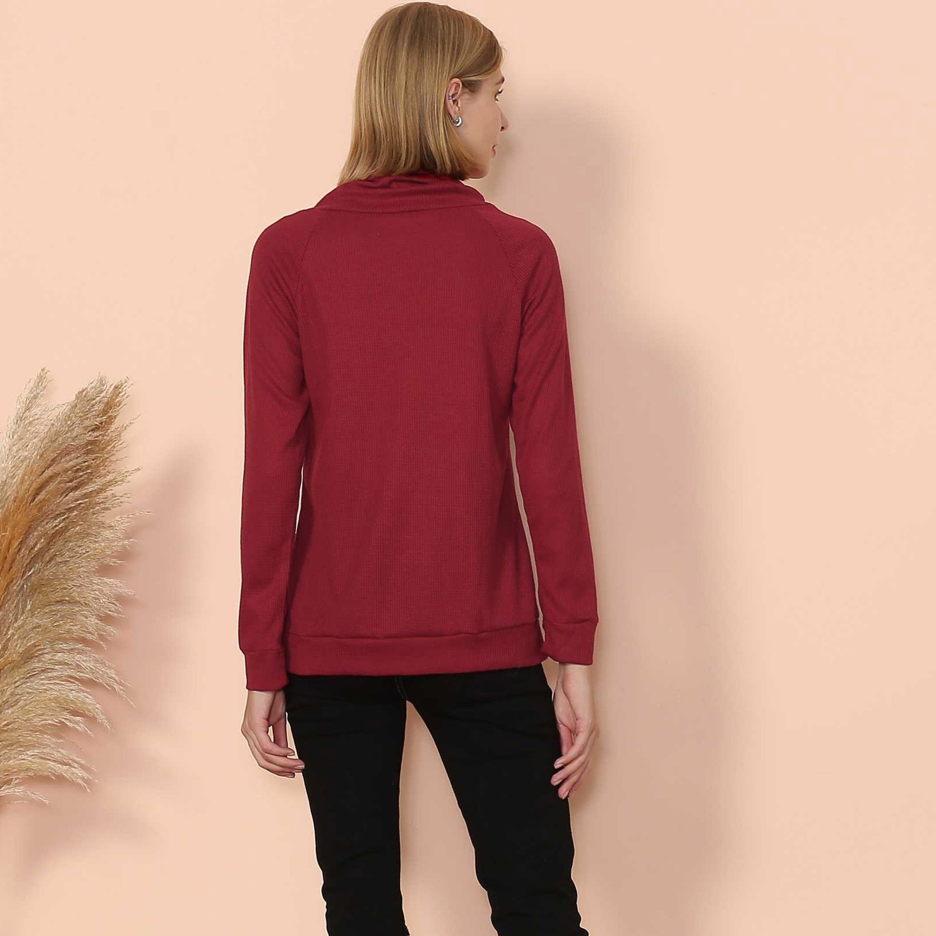 Women's Black Waffle Knit Cowl Neck Pullover Long Sleeve Top - Image 10