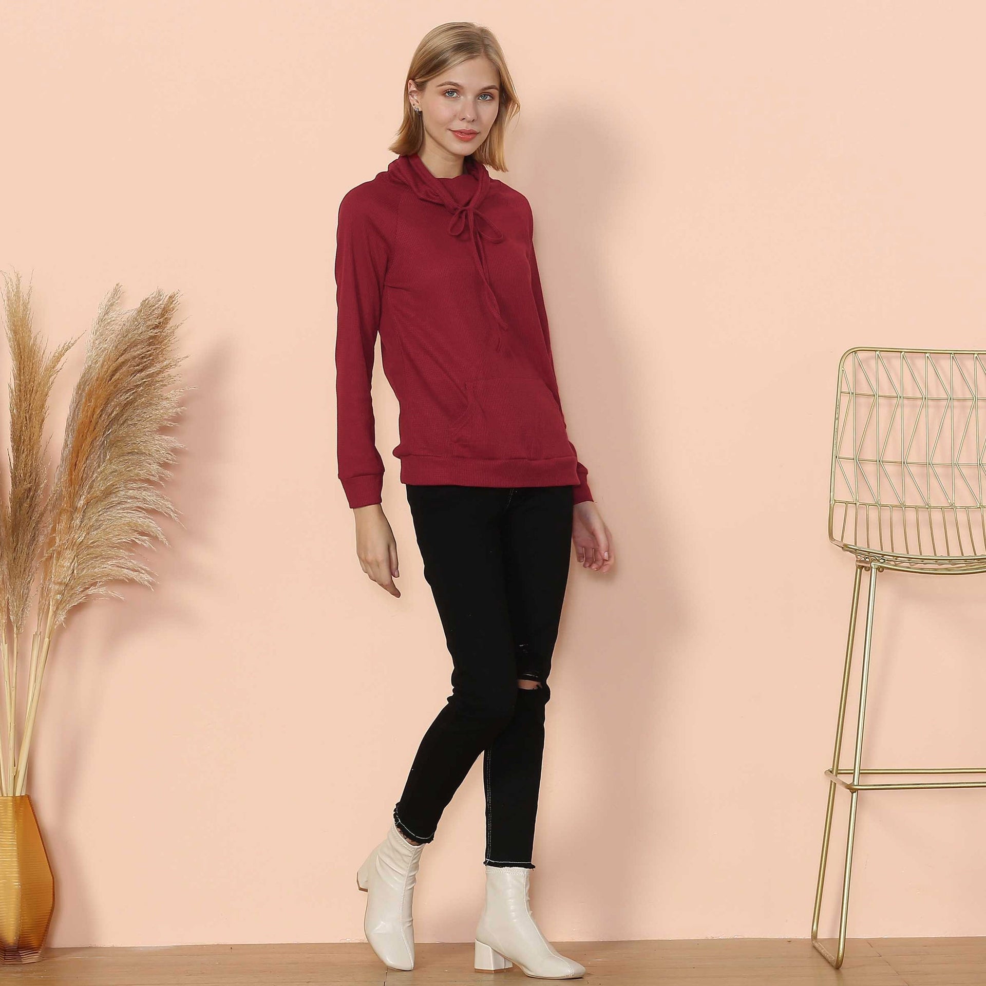 Women's Black Waffle Knit Cowl Neck Pullover Long Sleeve Top - Image 12