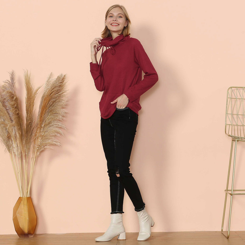 Women's Black Waffle Knit Cowl Neck Pullover Long Sleeve Top - Image 13