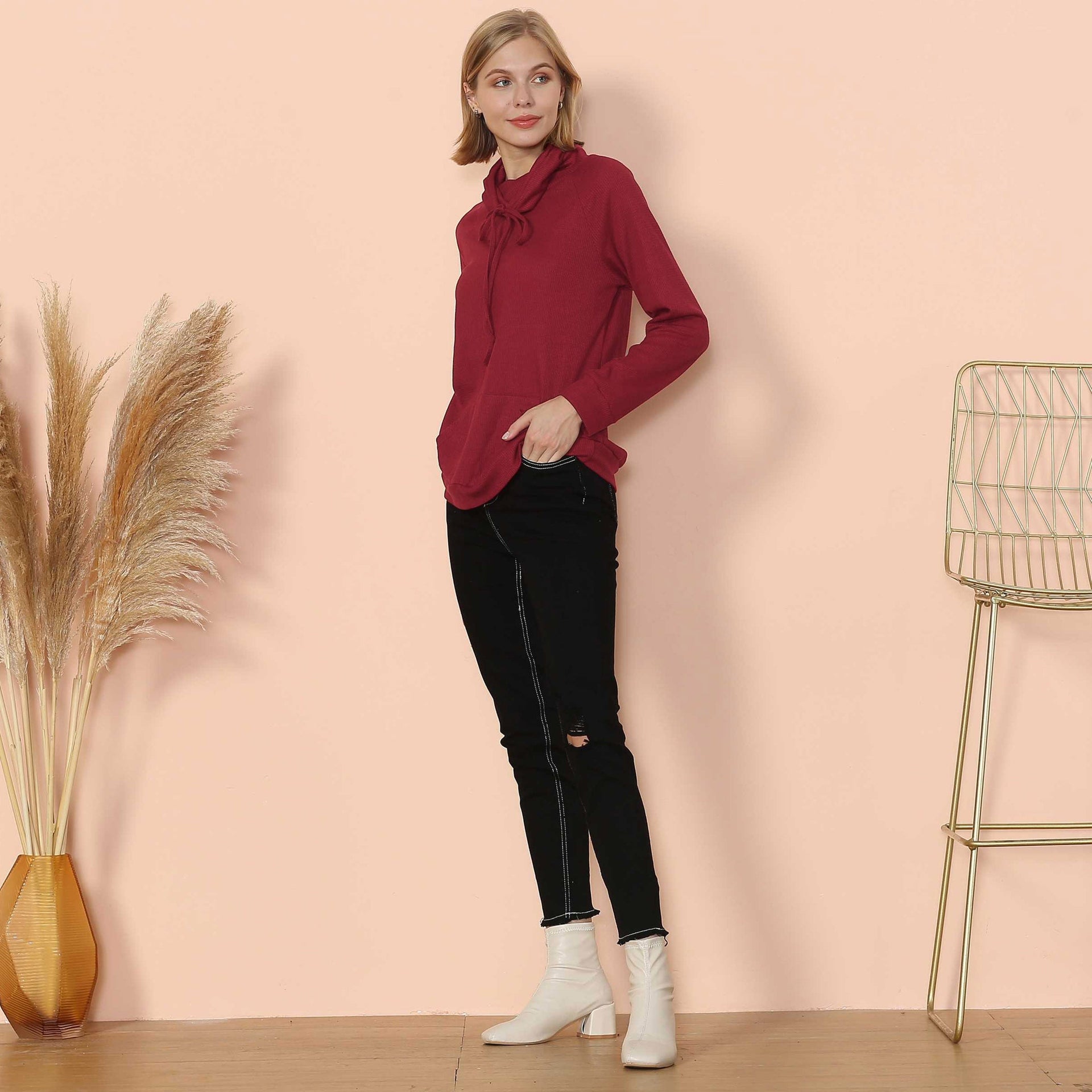 Women's Black Waffle Knit Cowl Neck Pullover Long Sleeve Top - Image 14