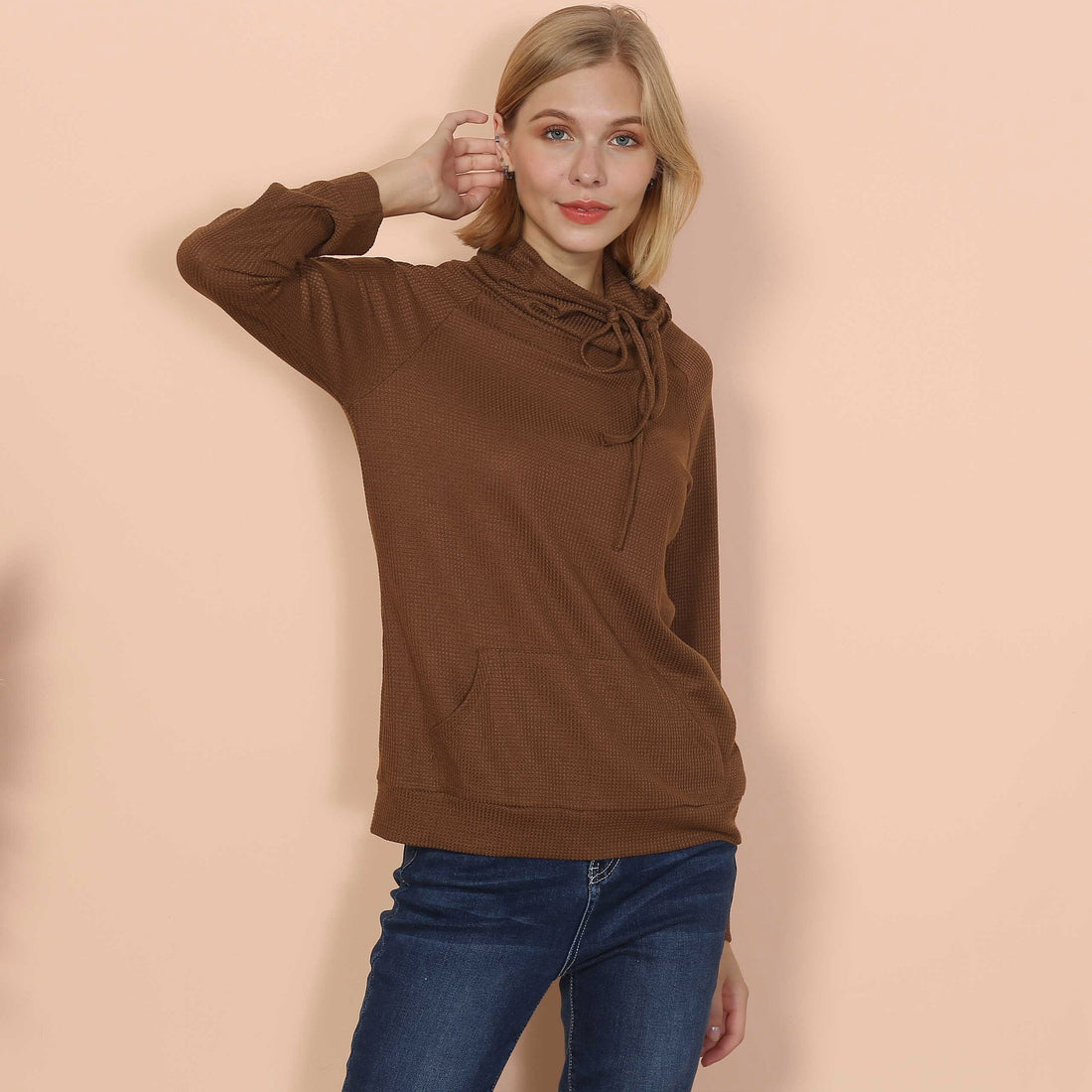 Women's Black Waffle Knit Cowl Neck Pullover Long Sleeve Top - Image 20
