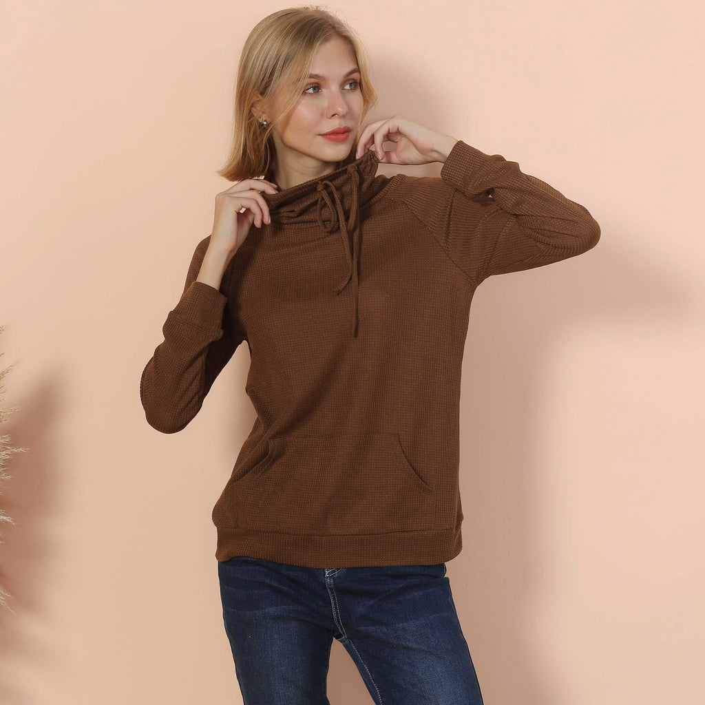 Women's Black Waffle Knit Cowl Neck Pullover Long Sleeve Top - Image 21