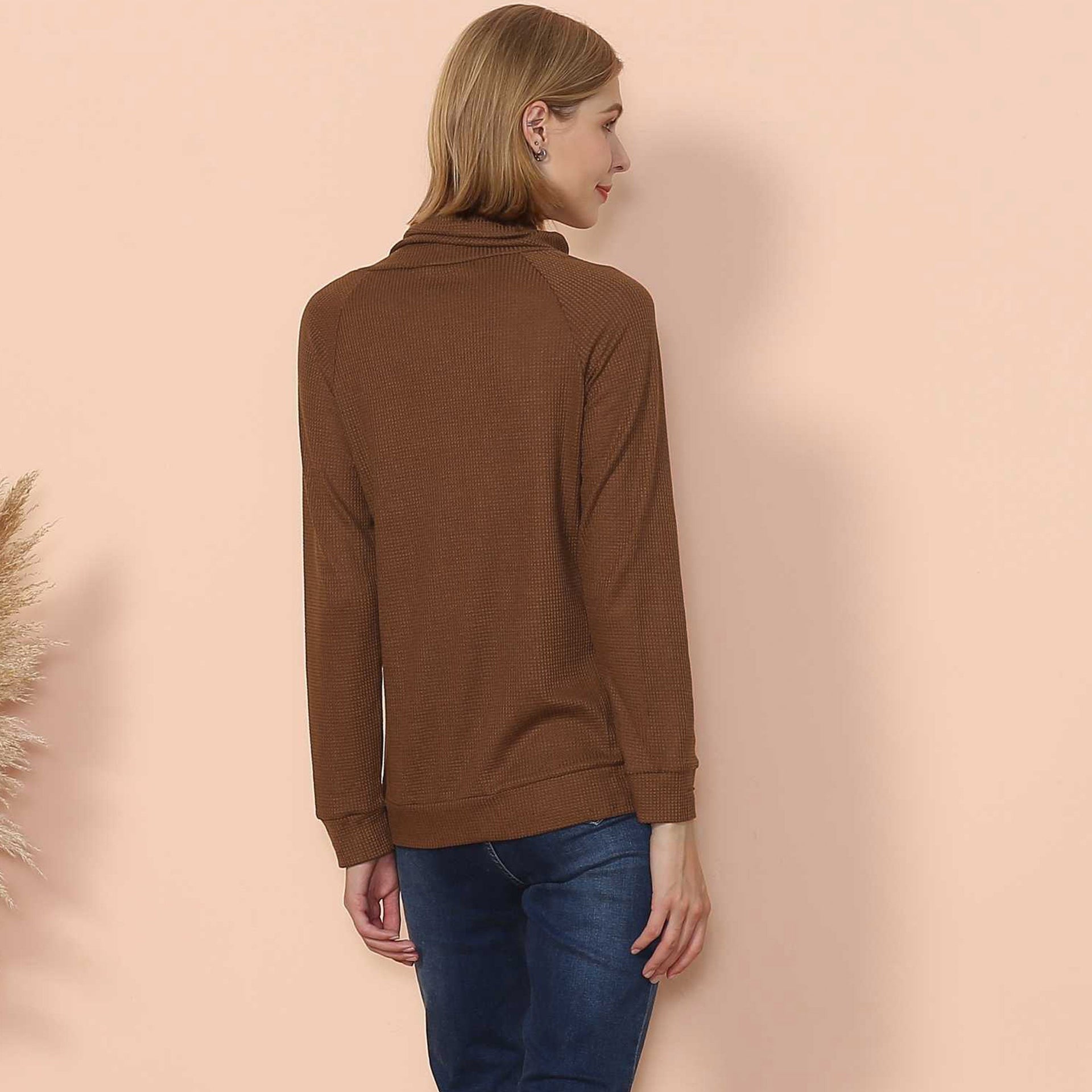 Women's Black Waffle Knit Cowl Neck Pullover Long Sleeve Top - Image 23