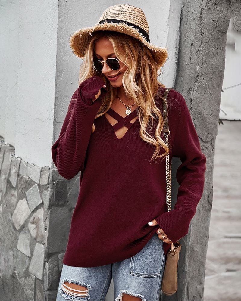 Women's Burgundy Criss Cross Front Long Sleeve Knit Sweater - Image 2