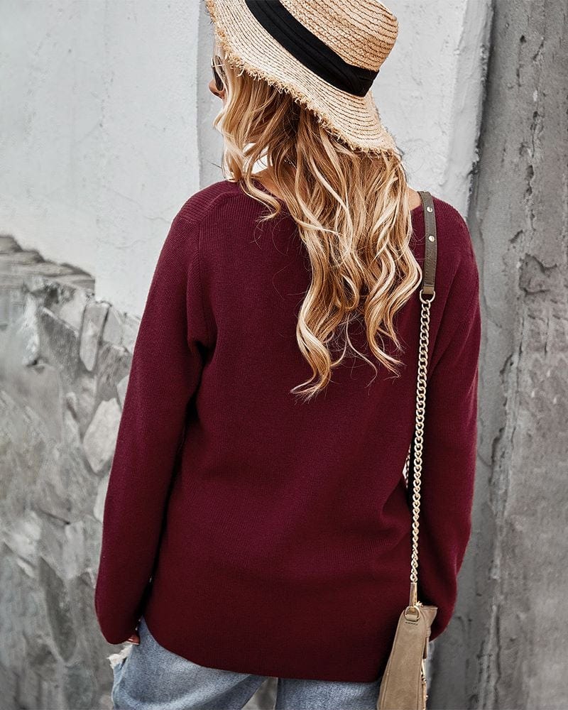 Women's Burgundy Criss Cross Front Long Sleeve Knit Sweater - Image 8